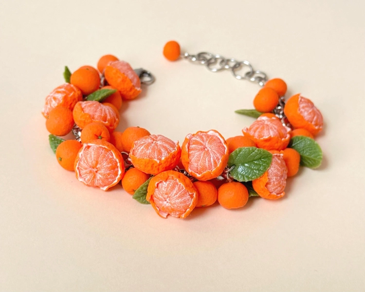 Tangerine & Mandarin Fruit Bracelet, Handmade Polymer Clay Citrus Jewelry