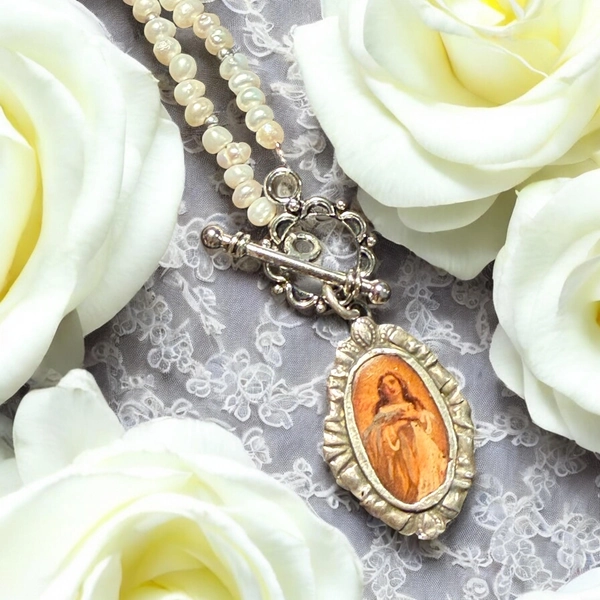 1794. Freshwater Pearl Necklace with Vintage/Italian  Silver Virgin Mary Pendant