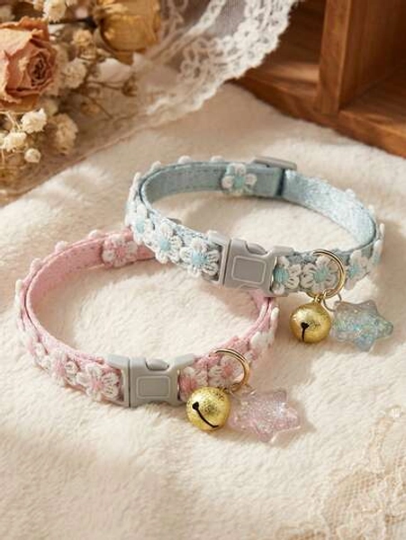 PETSIN 1 Adjustable Pet Collar With Star Ornaments And Bells, Suitable For Cats And Small Dogs With Floral Decorations - Size Yellow