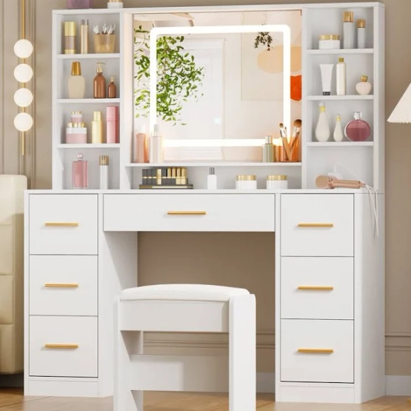 Adriel 39.4" Makeup Vanity With Led Lighted Mirror, 7 Drawers, Power Outletand And Stool Wrought Studio
