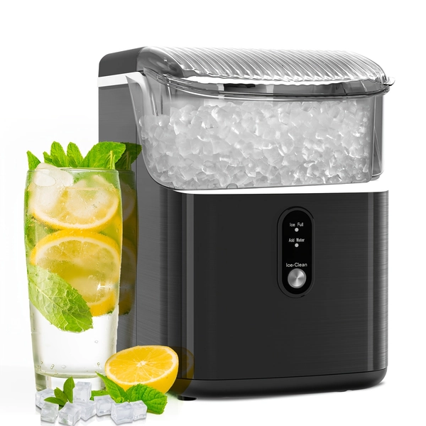 26lbs/day Bullet Ice Maker, 35lbs/24h Nugget Ice Maker Countertop, One-Click Self-Cleaning Portable Ice Machine with Ice Scoop And Basket, Soft Chewable Ice In 7 Mins Ice Maker Machine for Countertop for Home Kitchen, Stainless Steel Black, White