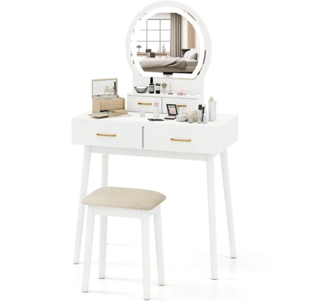 Costway Small Vanity Desk with Mirror, Lights, Cushioned Stool, and Adjustable Lighting Colors