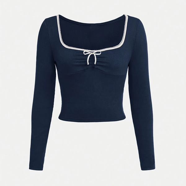 Girls' Long Sleeve Knit Top with Square Neck & Bow Detail - Soft Stretchy Solid Color Shirt for Fall/Winter, Casual Outdoor Playwear, Perfect Holiday & Birthday Gift for Youngsters, Youngsters'S Playwear, Elegant Youngsters'S Wear, Medium Elasticity Fabric