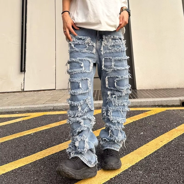 New Fashion Stretch Jeans Man Stacked Jeans Elastic Waist Straight Fit Patchworks Denim Long Pants Fringe Ripped Jeans For Men - AliExpress 200000343