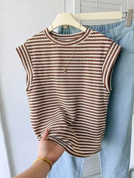 SHEIN Teen Girls Striped Round Neck Short Sleeve Casual T-Shirt, Minimalist Leisure Wear Striped Summer Tops Ribbed Tops Summer Tops For Teen Girls Teen Girl Summer Clothes Short Sleeve Tops