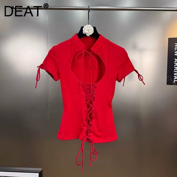 DEAT Fashion Bandage Design Hollow Out Short Sleeved Top For Women Solid Color Casual Slim Fit T-shirts Female Trendy 11A04973 - AliExpress 200000345