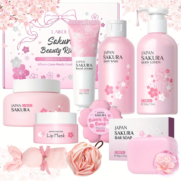Sakura Body Bath Sets for Women Gift with Body Wash, Lotion, Soap, Bath Bomb, Scrub, Hand Cream &amp; Lip Mask, Travel Essentials Skincare, Birthday Mother's Day Valentine's Day, Thanksgiving, And Christmas Gifts for Women