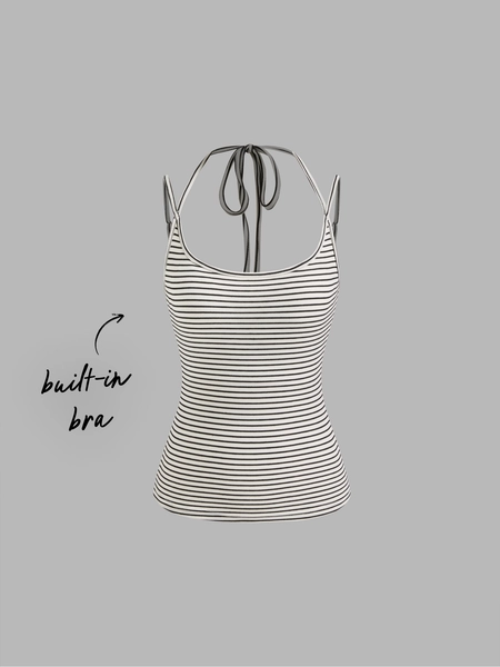 Knit Fabric Built-in Bra U-neckline Stripe Knotted Cami Top For Home Bedroom
