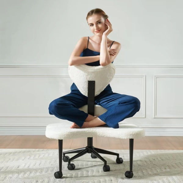 Pinmoco Ergonomic Cross Legged Office Chair, Height Adjustable Meditation Chair, 360° Swivel, Lumbar Support, Desk Chair for Home Office, Off-White