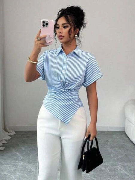 Elenzga Women's Summer Striped Bat-Wing Short Sleeve Casual Asymmetrical Hem Shirt