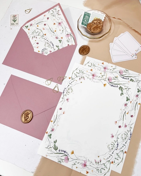 Dusty Pink Letter Writing Set | Handmade Stationery Kit – Envelopes, Wax Seals, Floral Paper, Address Labels, Gold Clips, Set of 30 Pieces