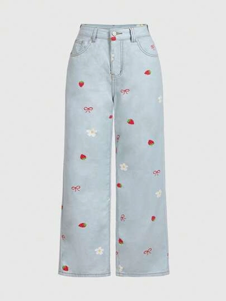 ROMWE Kawaii Plus Size Women Strawberry Bow Flower Denim Jeans