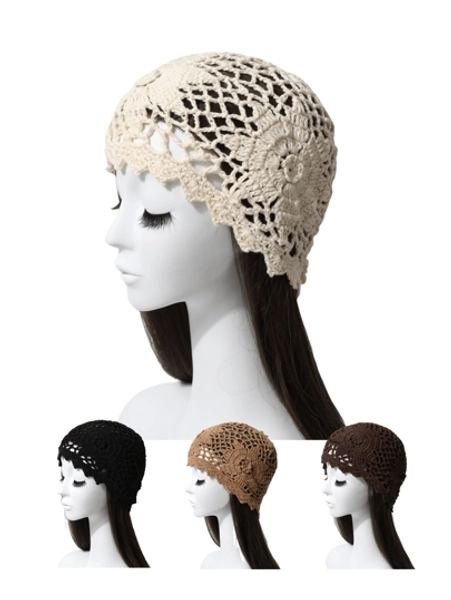 1pc Women's Spring/Summer Handmade Crochet Mesh Floral Hollow Out Vintage Elegant Breathable Thin Knit Cap, Handmade Knit Headband Beanie, Fashionable