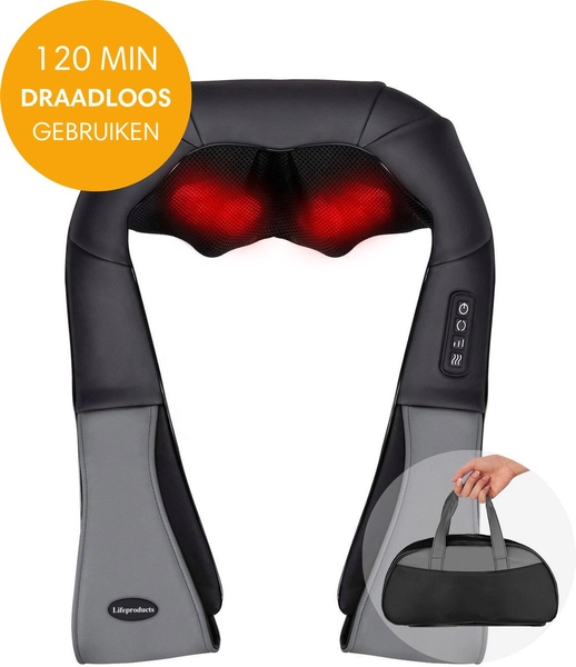 Lifeproducts Shiatsu Massagekussen Draadloos - Massage Apparaat voor Nek en Schouder - Elektrisch Nekmassage Apparaat - Massage Apparaten - Massageapparaten met Infrarood Verwarming - Met Carrybag