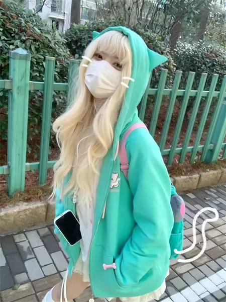 2025 Harajuku Ear Kawaii Zip Up Hoodies Women Japanese Style Cute Hooded Oversized Sweet Lolita Girly Sweatshirts - AliExpress 200000345