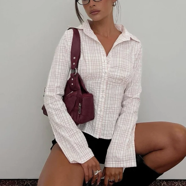 Princess Polly Lower Impact Check Long Sleeve Blouse