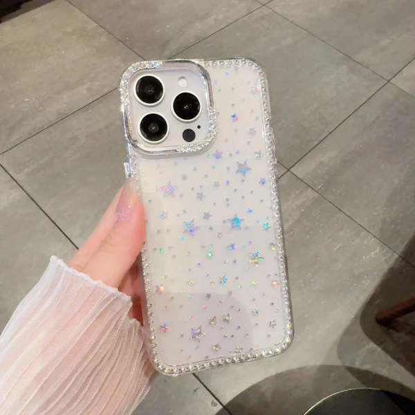 A Mobile Phone Case Featuring Diamond-Like Shining Stars And Transparent TPU, Designed for Iphone Models 16, 15, 14, 13, And 12 Pro Max, As Well As 14, 15, 16 Plus, And 12 Pro, It Includes a Silver PC Diamond Inlaid Photo Frame And Offers Non-Slip And Anti-Fall Protection, Making It a Perfect Holiday Or Birthday Gift