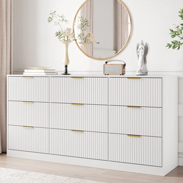 Ebern Designs Fluted Dresser For Bedroom With 9 Drawers, 63" Wide Modern Chest Of Drawers With Metal Handle