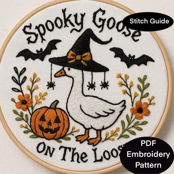 Spooky silly goose halloween pdf hand embroidery. 6 sizes for different hand embroidery hoops. Simple goose in whitch hat thread art design