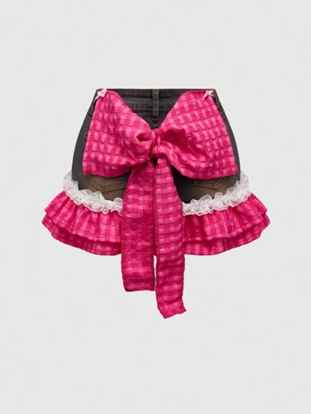 ROMWE Kawaii Gyaru Cute Bow Patchwork Women Denim A-Line Skirt - Size L