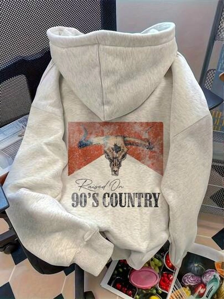 90s Country Western Bull Graphic Hoodie, Vintage Women Hoodie Fall Clothes For Women New Fall Fashion 2025 For Women, Solid Color Long Sleeve Pocket Dropped Shoulder Casual Hoodie For Women