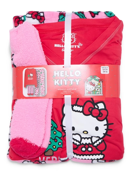 Hello Kitty Women's and Women’s Plus Christmas Top, Pants and Socks Sleep Gift Set, 3-Piece, Sizes XS-3X