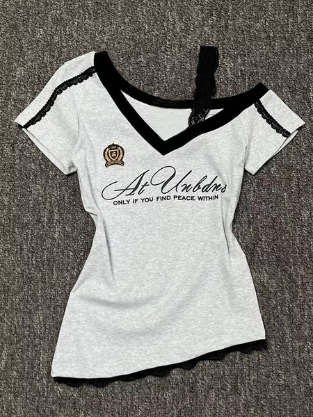 White-Gray Lace Sport Sexy Summer Off shoulder Top Women Y2k V neck Short sleeve T shirt Fashion Korean Lady Basic Tees 2025 New - AliExpress 200000345