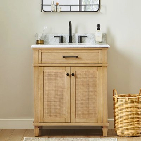 allen + roth Wallister 30-in Golden Oak Undermount Single Sink Bathroom Vanity with White Natural Marble Top in Brown | L22095-VS30-WD
