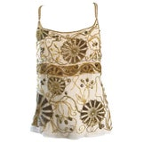 Plus Size Vintage Emanuel Ungaro 1990s Beige + Gold Silk Chiffon 90s Beaded Top For Sale at 1stDibs