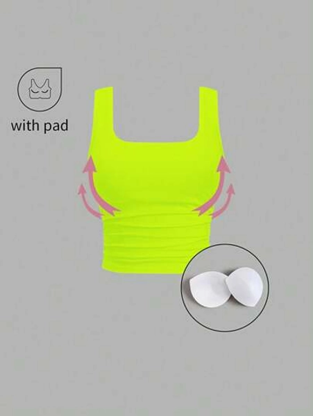 Flirla Women Neon Green Pleated Square Neck Casual Fitted Tank Top