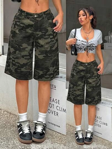 SHEIN PETITE Women's Camouflage Denim Shorts Low Rise Cropped Pants Bermuda Shorts Summer Y2K Casual Street Wear