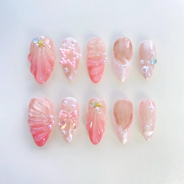 Fairycorn Pink press on nails long almond nails/shell nails/kawaii nails/Cute Nails/Star Nails/Gift for her nails/Birthday nails/pink nails