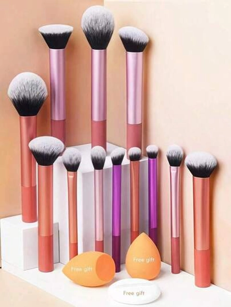 12pcs Multi-Functional Makeup Brush Set Including Powder Brush, Blush Brush, Foundation Brush, Eyeshadow Brush, Blending Brush, Contour Brush, Along With An Oblique Cut Makeup Sponge, Rounded Makeup Sponge, And White Powder Puff,Summer Style, Back To School