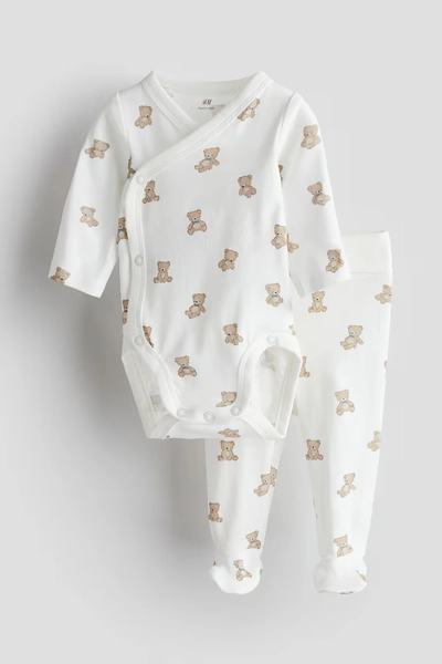 2-piece cotton set - White/Teddy bears