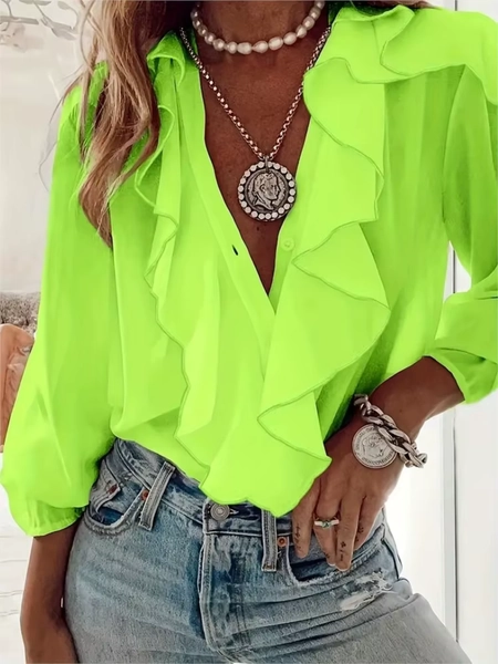 Women's Shirt V-neck Long-sleeved Ruffle Top Spring Summer Fashion Elegant Solid Office Holiday Casual Shirts Womens Clothing - AliExpress 200000345