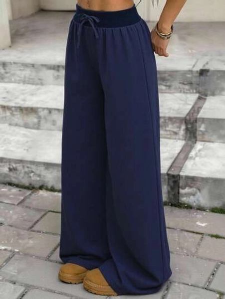 SHEIN Serisse Kids Tween Girls Daily Wear Outfits Casual Basic 100%Cotton Elastic Waistband White Pants, Wide Leg Pants, Back To School Navy Blue Pants Navy Blue Wide-Leg Pants Loose Pants Navy Pants