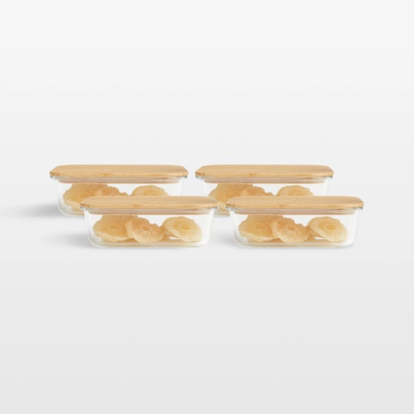Crate & Barrel Rectangular Glass Storage Container with Bamboo Lid, 7-cup, Set of 4