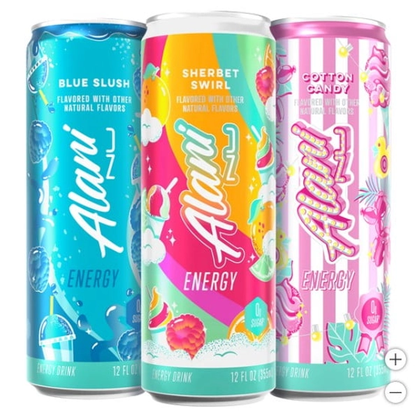Alani Nu Energy Slush Variety, 12 fl oz, 18-pack, Blue Slush, Sherbet Swirl, and Cotton Candy
