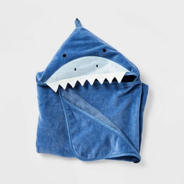 25"x50" Shark Kids' Hooded Towel - Pillowfort™: Cotton Velour, Lightweight, OEKO-TEX Certified, Machine Washable