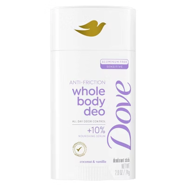 Dove Beauty Whole Body Solid Deodorant Anti-Chafe Stick Coconut & Vanilla - Aluminum-Free 2.6oz