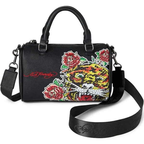 Ed Hardy Jax Mini Satchel Crossbody Bag with Tiger and Rose Rhinestones