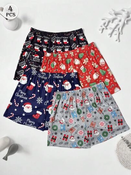 4pcs/Set Men's Christmas Themed Printed Pajama Shorts, Comfortable Elastic Waist Loose Boxer Briefs Assorted Colors