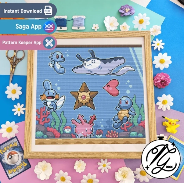 Pokemon Aquarium Pattern - Modern Colourful Cross Stitch - Digital PDF, Instant Download