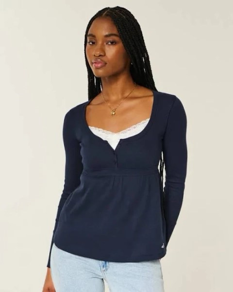 Easy Tie-back Henley Babydoll Top In Blue