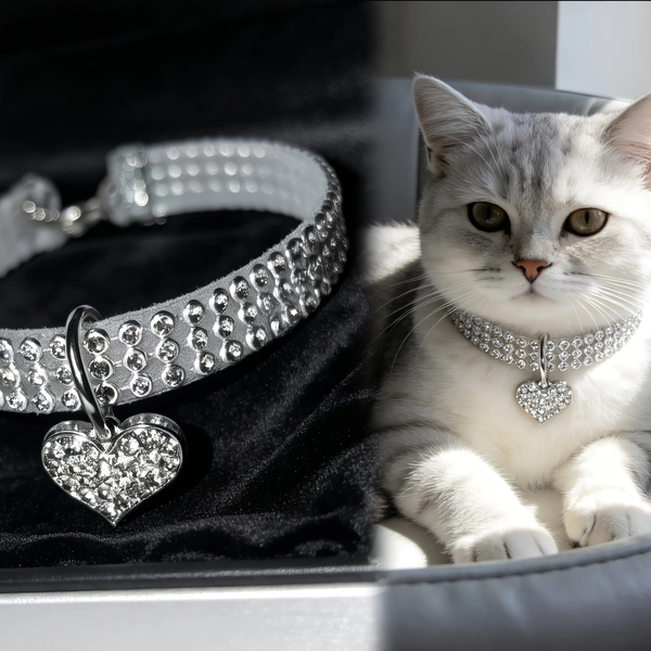 [Full Rhinestone Heart Cat Collar] Full Rhinestone Chain Body And Full Rhinestone Heart Pendant, Adjustable Length Suitable for British Shorthair, American Shorthair, Etc., Cold And Shimmering Non-Constricting