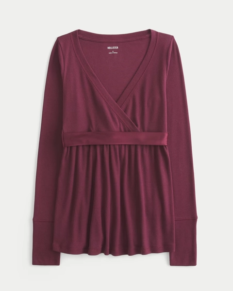 Easy Long-Sleeve Wrap-Front Babydoll Top