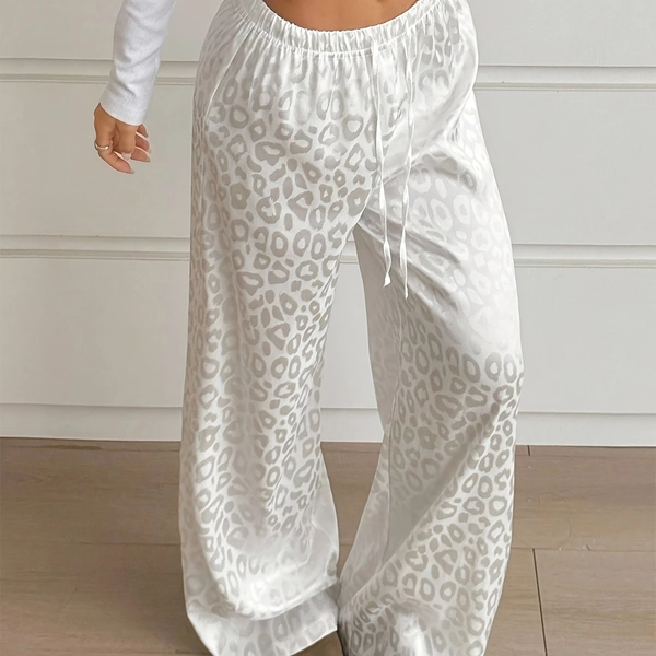 Women'S Casual Leopard Print Low-Rise Drawstring Pants - White with Black Leopard Print, Elastic Waistband, Loose Fit, All-Season Comfort, Perfect for Home or Casual Attire, Comfortable Clothing | Leopard Print Pants | Elastic Waistband Pants
