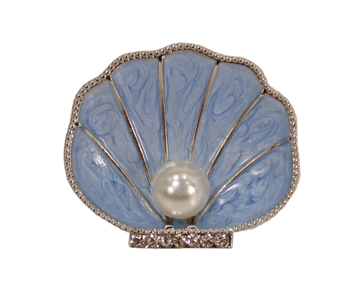 Pretty light blue sea shell pin brooch designed with a white pearl in the shell and clear crystals along the base of it.  Ocean theme pin.