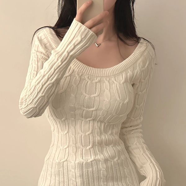 Women'S Elegant Off-Shoulder Long Sleeve Sweater - Soft Stretchy Pullover Top, Chic Layering Essential for Fall/Winter, Everyday & Formal Outfits - Women'S Fashion Tops, Office, Party