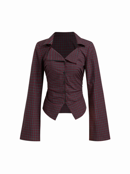 100% Cotton Collar Tartan Ruched Bell Sleeve Shirt